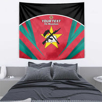 Custom football tapestry: red with teal rays, star crest, crossed figure, 'YOUR TEXT'