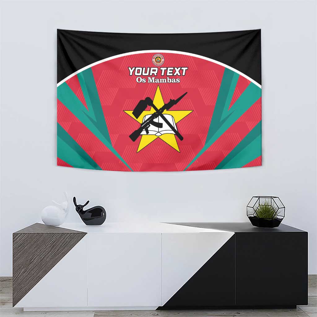 Custom football tapestry showing red-and-teal rays, star crest, 'YOUR TEXT' banner