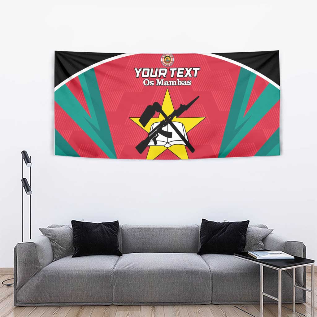 Custom football tapestry with black border, red-and-green rays, star crest, 'Os Mambas'