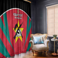 Red football window curtains with Your Text and Os Mambas, black silhouettes, and yellow star