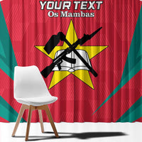 Close-up of red football window curtain design with Your Text, Os Mambas, and black silhouettes