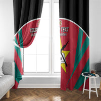 Red football window curtains framing a window, with Os Mambas text and player star emblem