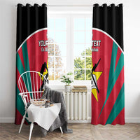 Red football window curtains hanging on a rod, with Your Text, Os Mambas, and star silhouettes
