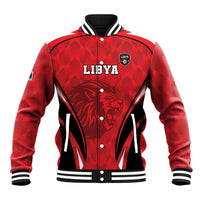 Red and black football baseball jacket with LIBYA crest, lion graphic, snap buttons