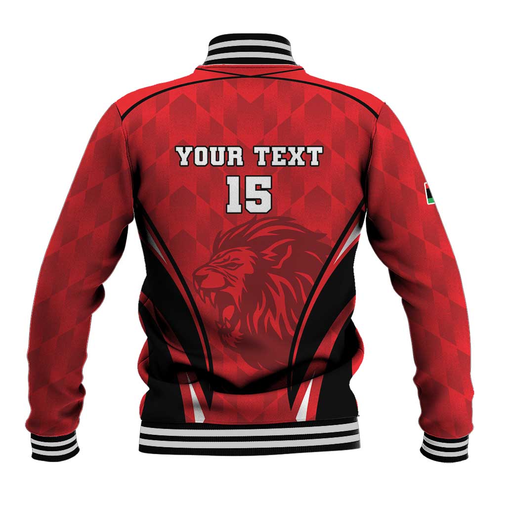 Red and black football baseball jacket back with YOUR TEXT 15 and lion graphic