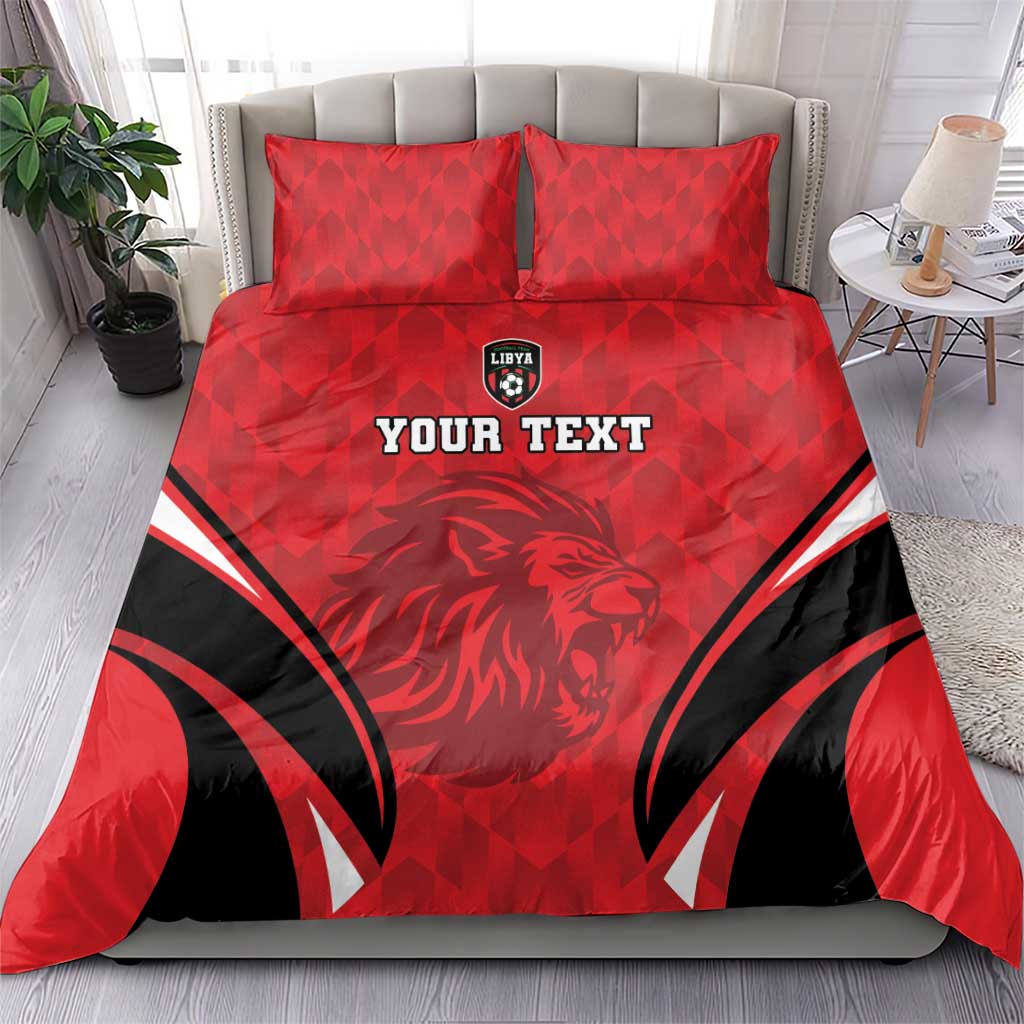 Red football bedding set with lion graphic, black-and-white stripes, and two pillow shams
