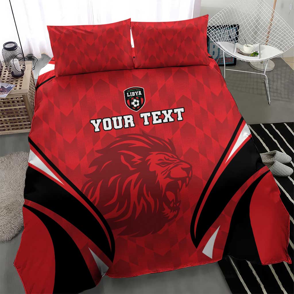 Red football duvet cover with lion face graphic, black curves, and two pillow shams
