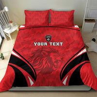 Red football bedding set featuring lion artwork, black accents, and centered duvet design
