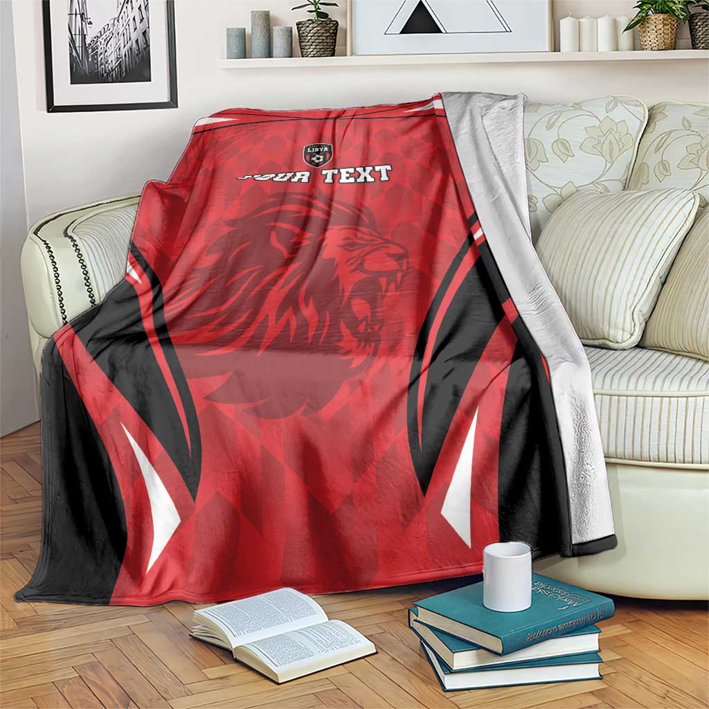 Custom red and black football blanket with lion crest and bold 'YOUR TEXT' print