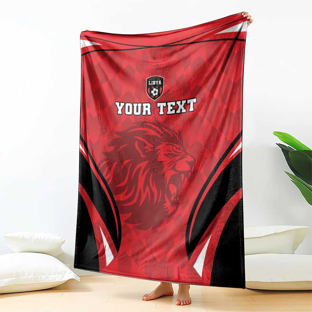 Red and black football blanket draped with lion face and 'YOUR TEXT' center print