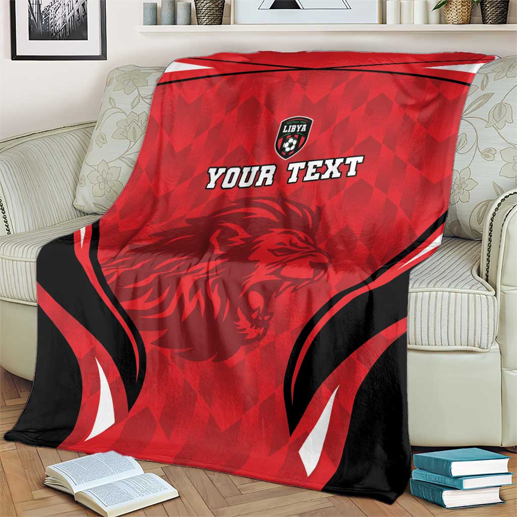 Red and black football blanket with lion graphic and 'YOUR TEXT' lettering