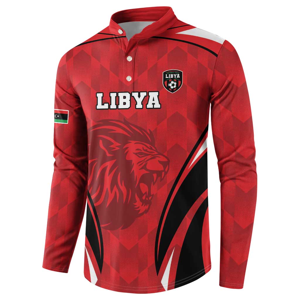 Red football sweatshirt with button placket, LIBYA logo, and lion head graphic