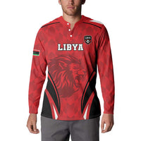 Red football sweatshirt on model, front LIBYA crest and lion emblem