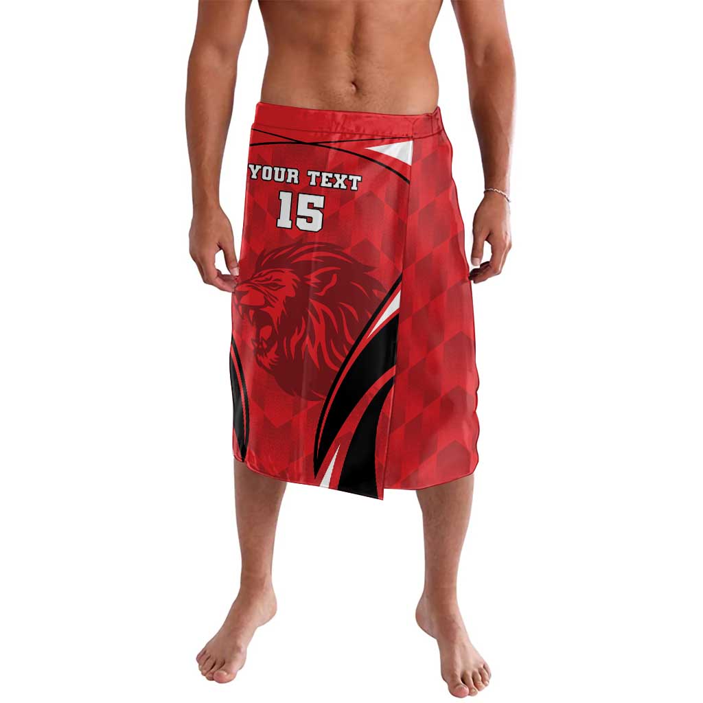 Red football lavalava with lion graphic, black stripe, custom text and number 15