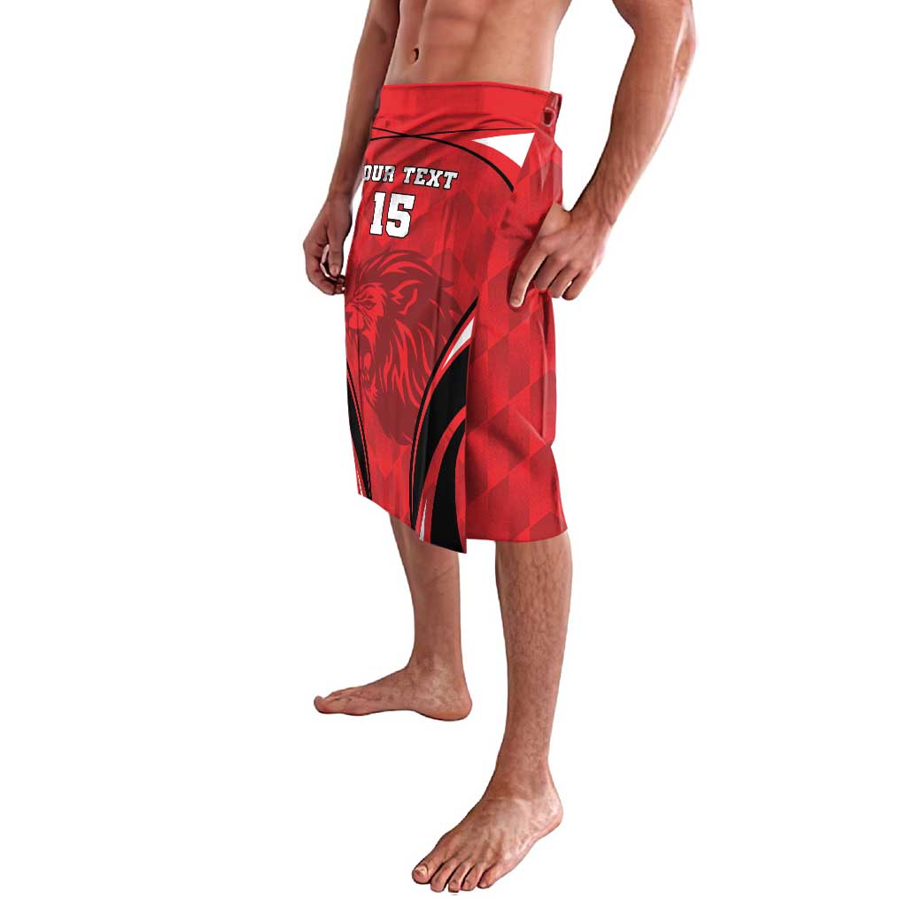 Red football lavalava side view with lion graphic, black stripe, custom text and 15