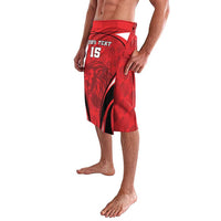 Red football lavalava side view with lion graphic, black stripe, custom text and 15