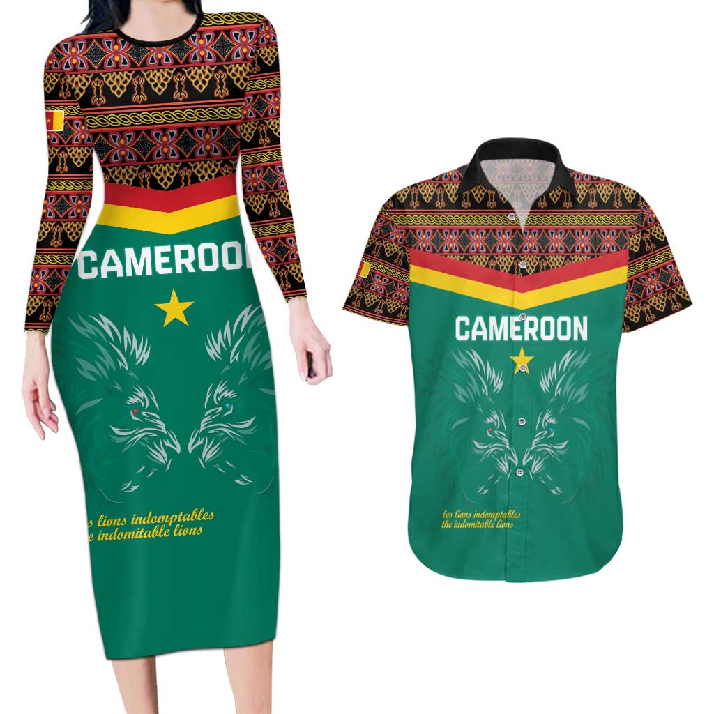 Custom Cameroon Football Couples Matching Long Sleeve Bodycon Dress and Hawaiian Shirt Go Champions - Toghu Pattern