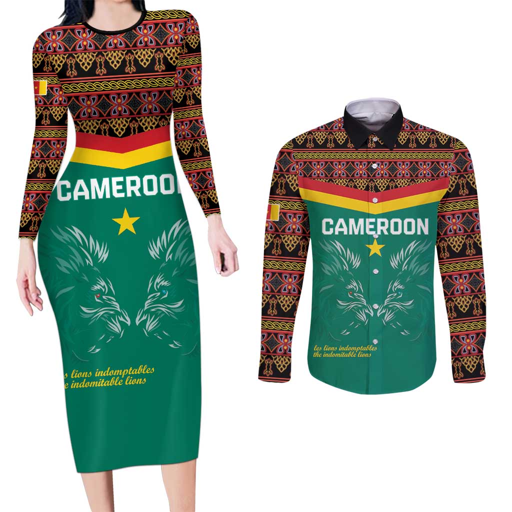 Custom Cameroon Football Couples Matching Long Sleeve Bodycon Dress and Long Sleeve Button Shirt Go Champions - Toghu Pattern