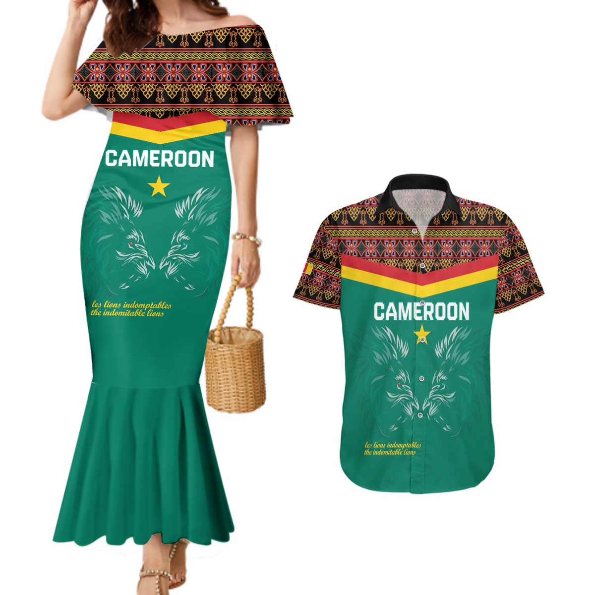 Custom Cameroon Football Couples Matching Mermaid Dress and Hawaiian Shirt Go Champions - Toghu Pattern