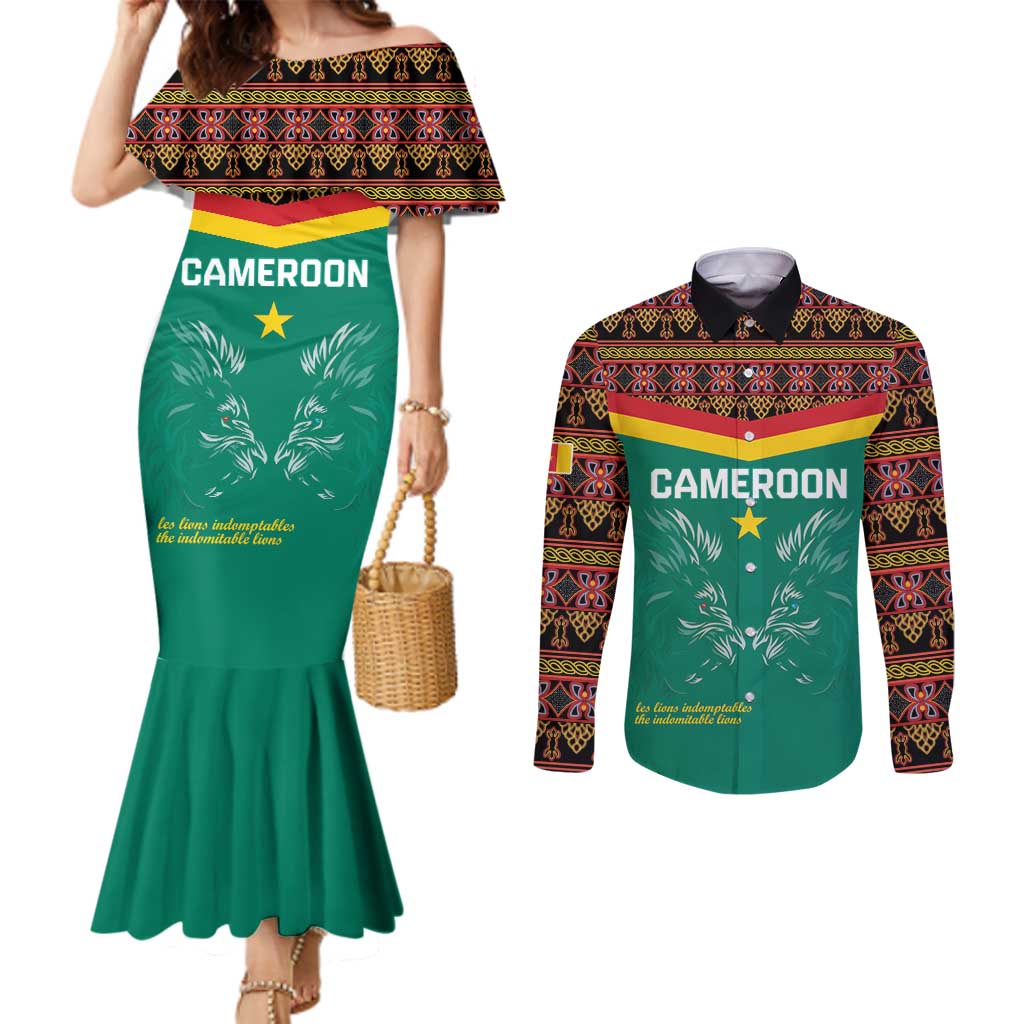 Custom Cameroon Football Couples Matching Mermaid Dress and Long Sleeve Button Shirt Go Champions - Toghu Pattern