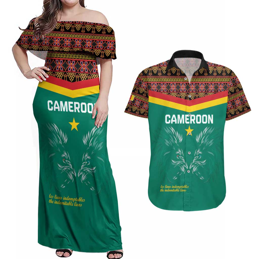 Custom Cameroon Football Couples Matching Off Shoulder Maxi Dress and Hawaiian Shirt Go Champions - Toghu Pattern