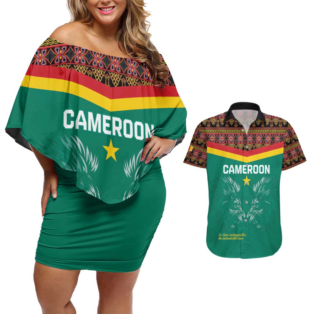 Custom Cameroon Football Couples Matching Off Shoulder Short Dress and Hawaiian Shirt Go Champions - Toghu Pattern