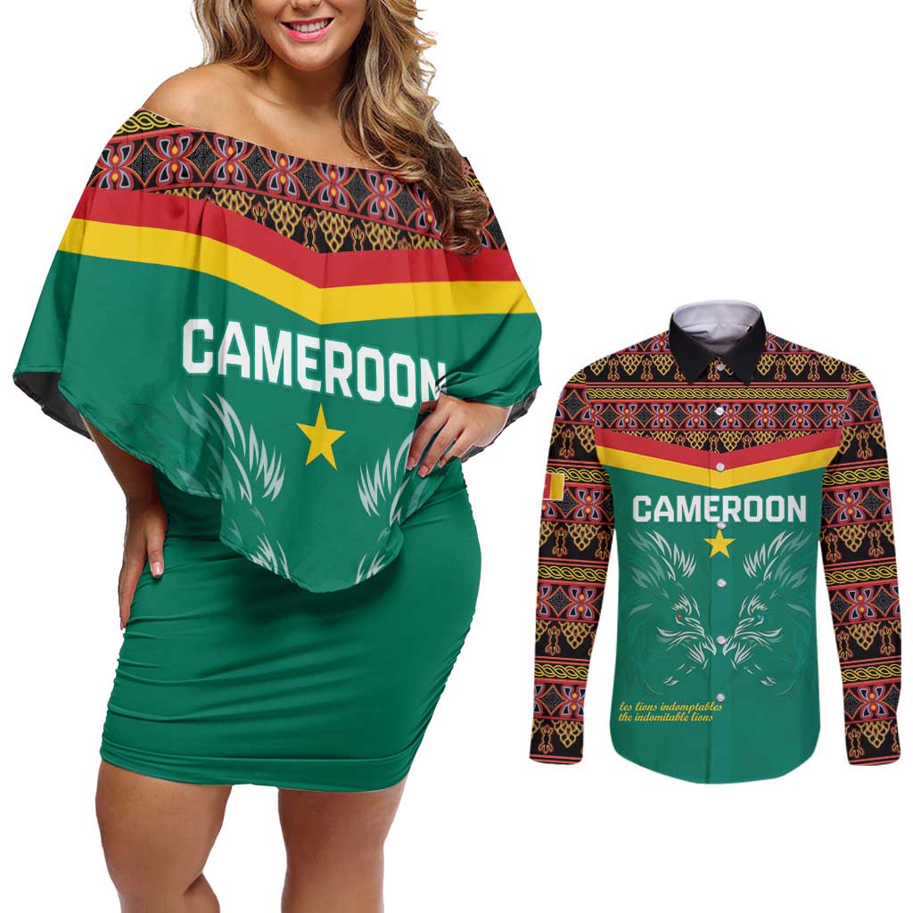 Custom Cameroon Football Couples Matching Off Shoulder Short Dress and Long Sleeve Button Shirt Go Champions - Toghu Pattern