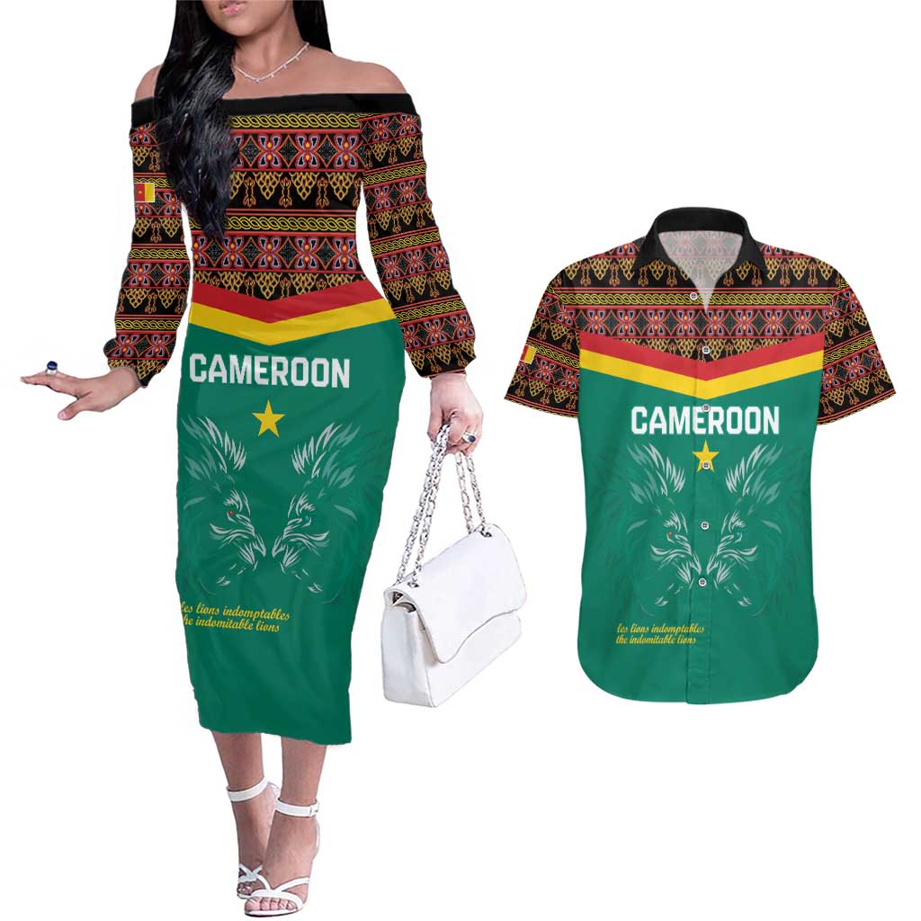 Custom Cameroon Football Couples Matching Off The Shoulder Long Sleeve Dress and Hawaiian Shirt Go Champions - Toghu Pattern