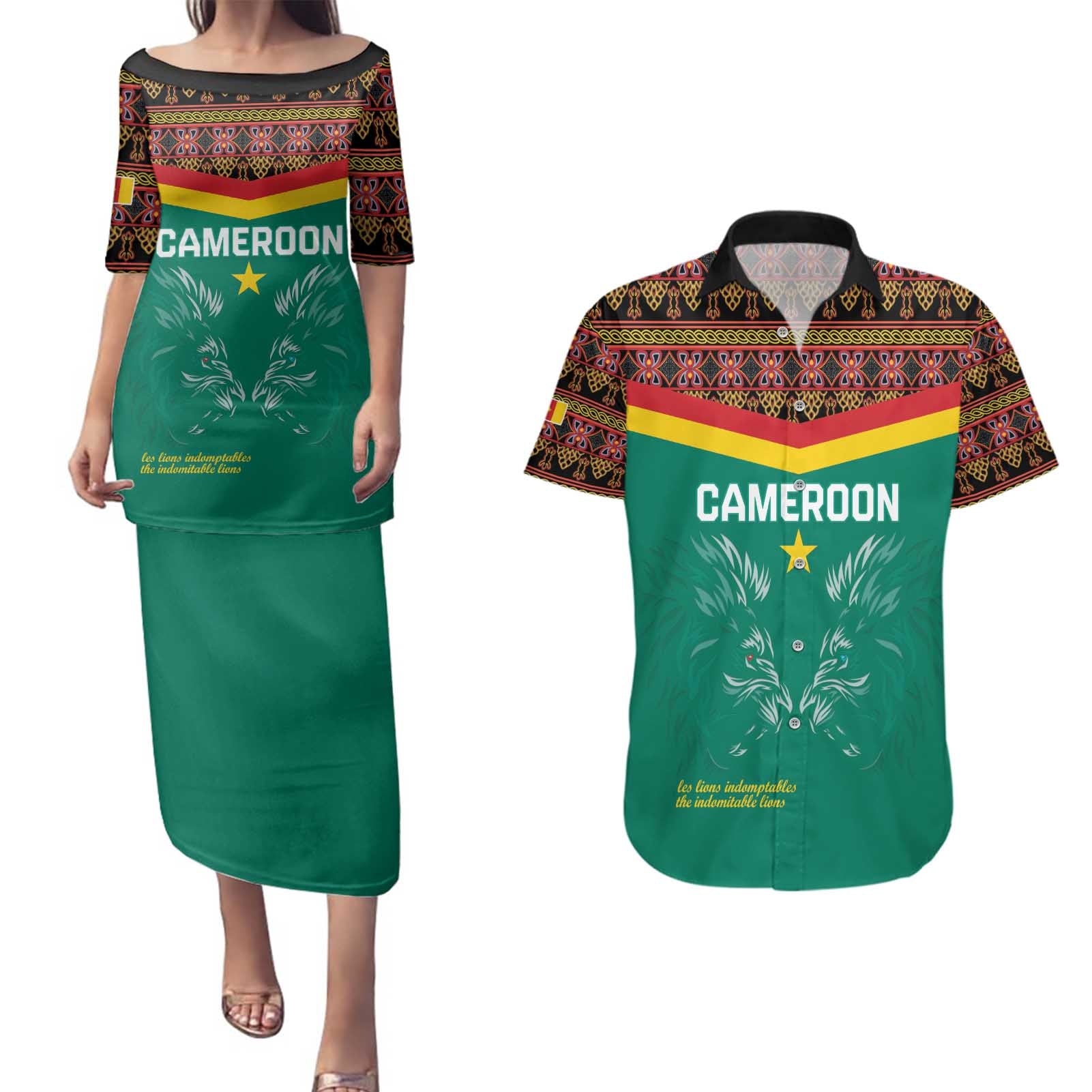 Custom Cameroon Football Couples Matching Puletasi and Hawaiian Shirt Go Champions - Toghu Pattern