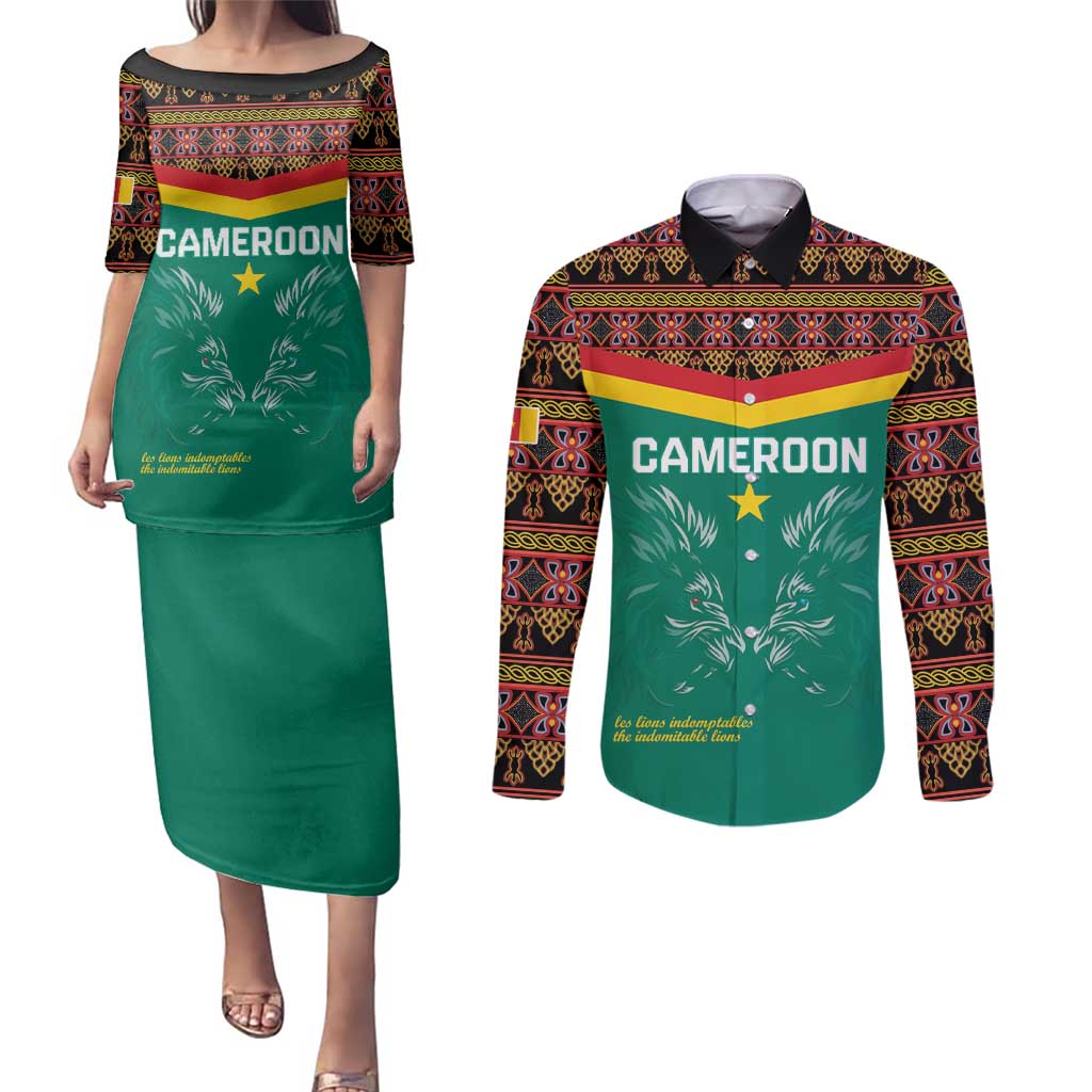 Custom Cameroon Football Couples Matching Puletasi and Long Sleeve Button Shirt Go Champions - Toghu Pattern