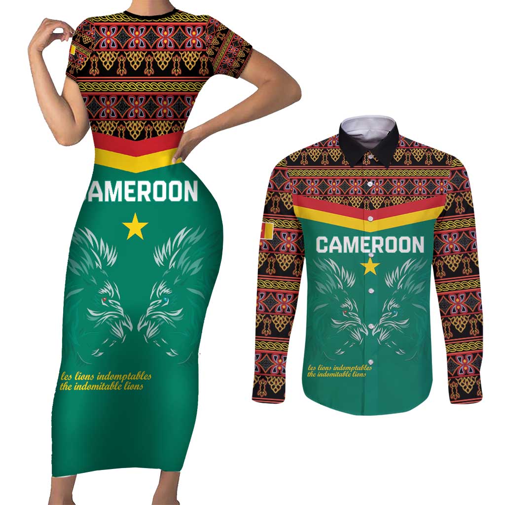 Custom Cameroon Football Couples Matching Short Sleeve Bodycon Dress and Long Sleeve Button Shirt Go Champions - Toghu Pattern