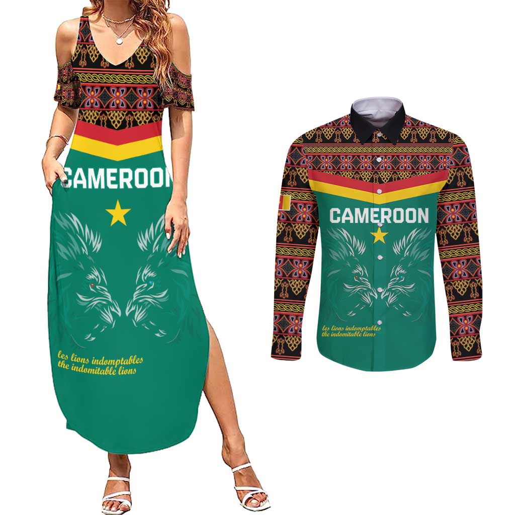 Custom Cameroon Football Couples Matching Summer Maxi Dress and Long Sleeve Button Shirt Go Champions - Toghu Pattern