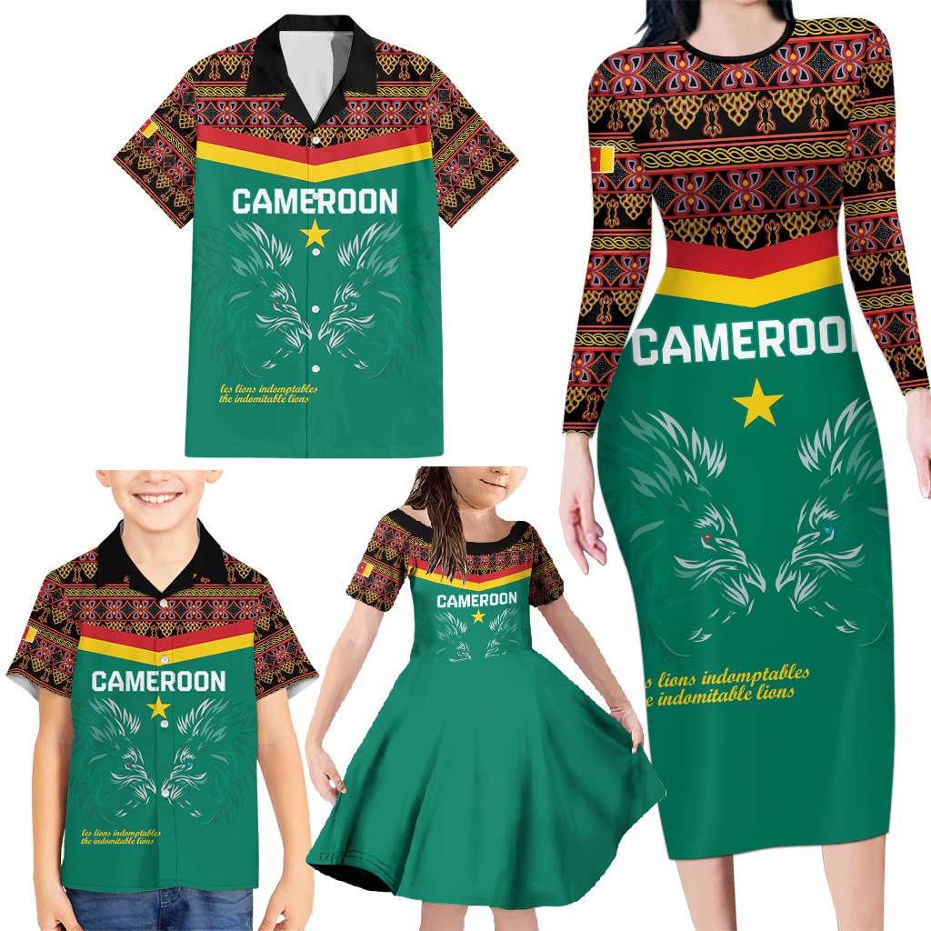 Custom Cameroon Football Family Matching Long Sleeve Bodycon Dress and Hawaiian Shirt Go Champions - Toghu Pattern