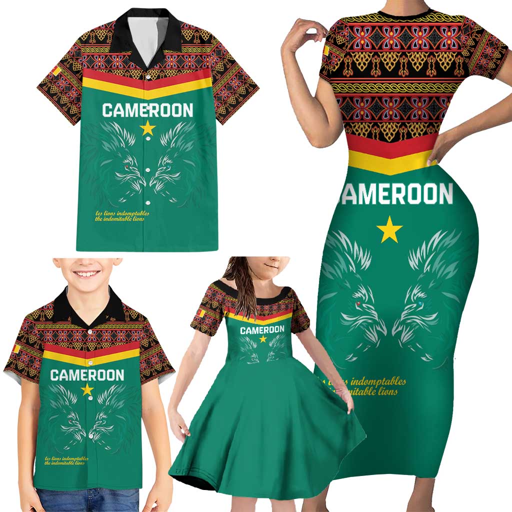 Custom Cameroon Football Family Matching Short Sleeve Bodycon Dress and Hawaiian Shirt Go Champions - Toghu Pattern