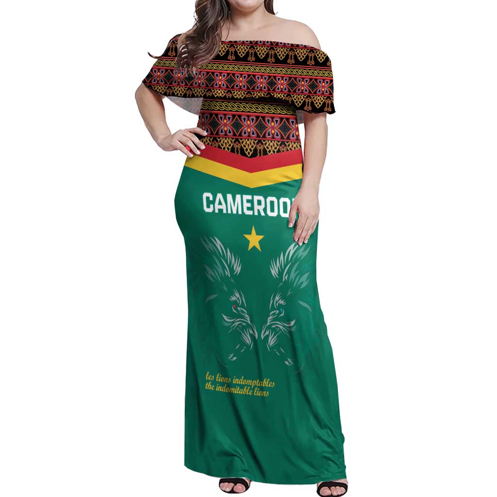 Custom Cameroon Football Off Shoulder Maxi Dress Go Champions - Toghu Pattern