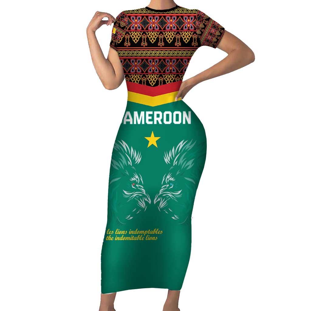 Custom Cameroon Football Short Sleeve Bodycon Dress Go Champions - Toghu Pattern