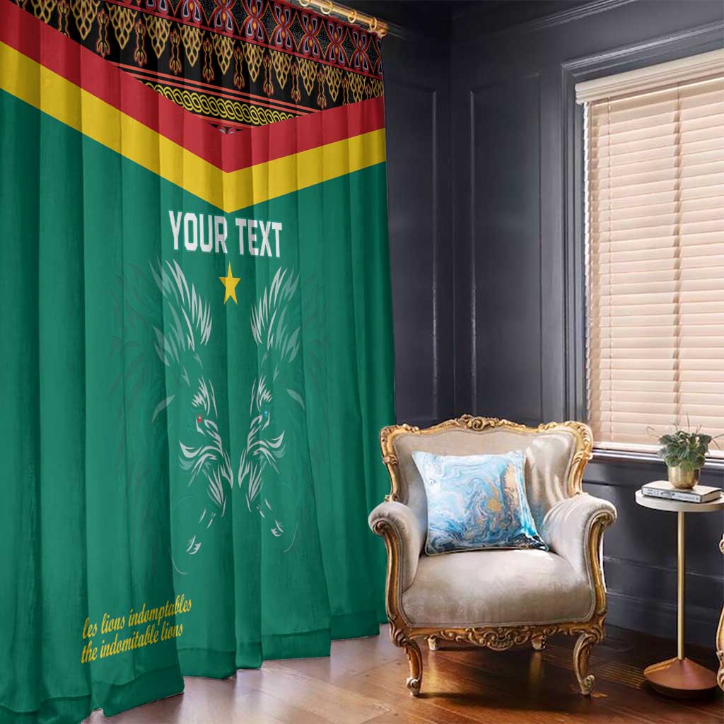 Green custom window curtain with Toghu pattern header and lion emblem