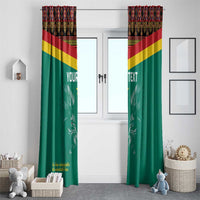 Pair of green Cameroon window curtains with Toghu pattern top and lion designs