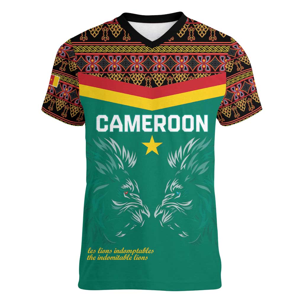 Custom Cameroon Football Women V-Neck T-Shirt Go Champions - Toghu Pattern