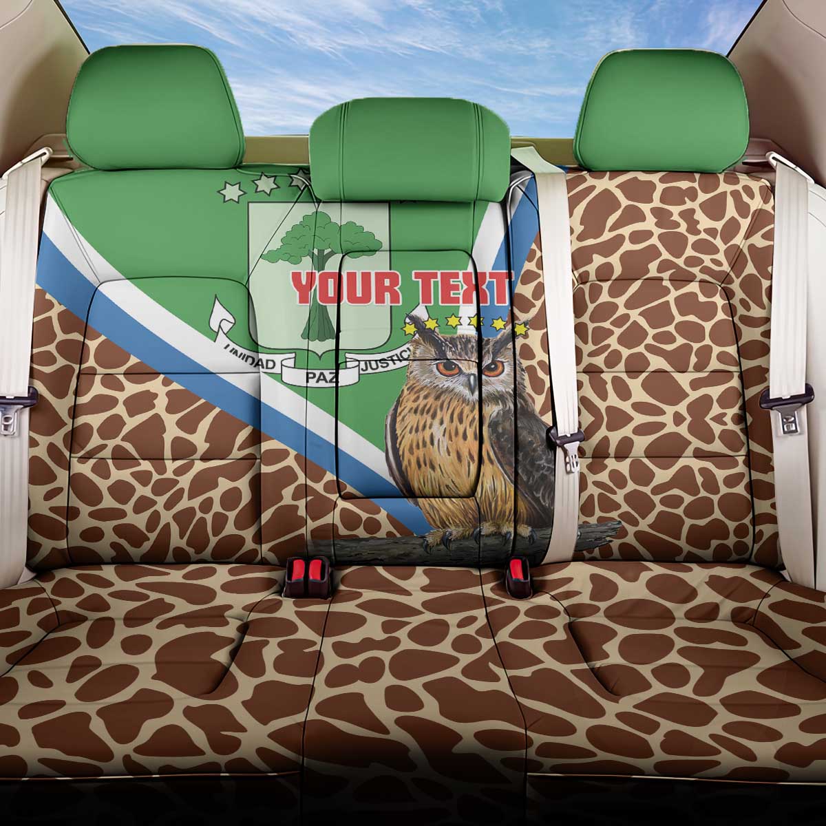 Personalised Equatorial Guinea Back Car Seat Cover Bubo Poensis Mix Giraffe Pattern