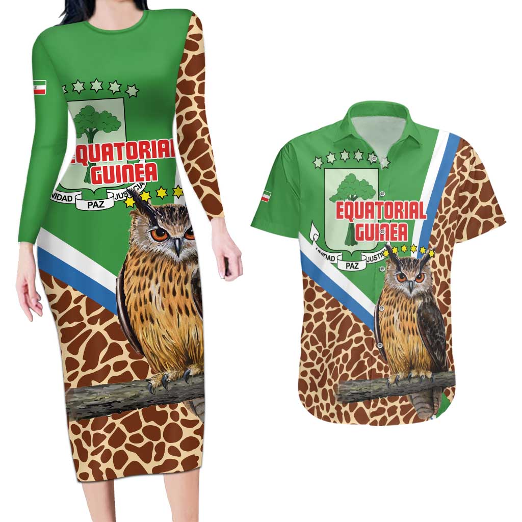 Personalised Equatorial Guinea Couples Matching Long Sleeve Bodycon Dress and Hawaiian Shirt Bubo Poensis Mix Giraffe Pattern