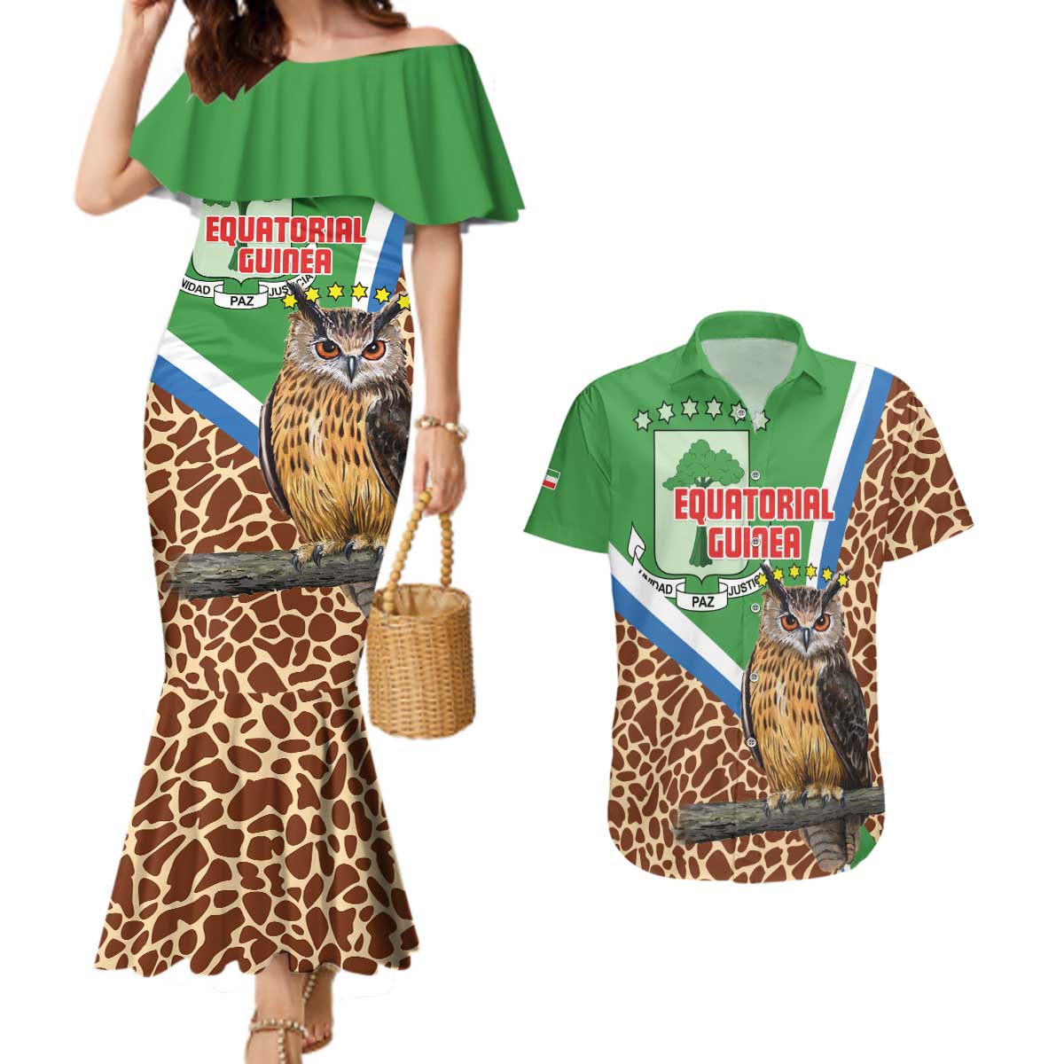 Personalised Equatorial Guinea Couples Matching Mermaid Dress and Hawaiian Shirt Bubo Poensis Mix Giraffe Pattern