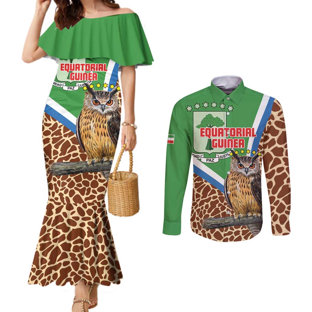 Personalised Equatorial Guinea Couples Matching Mermaid Dress and Long Sleeve Button Shirt Bubo Poensis Mix Giraffe Pattern