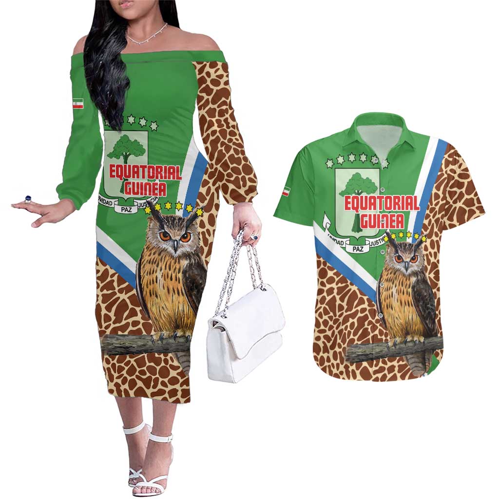 Personalised Equatorial Guinea Couples Matching Off The Shoulder Long Sleeve Dress and Hawaiian Shirt Bubo Poensis Mix Giraffe Pattern