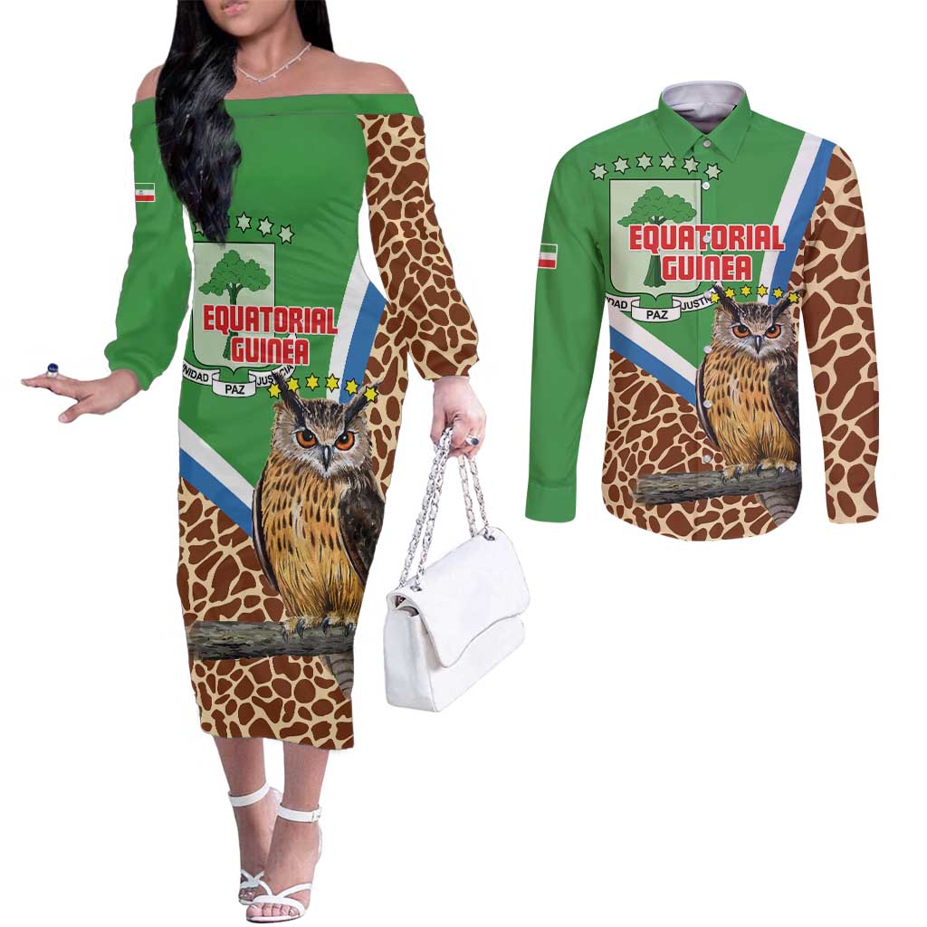 Personalised Equatorial Guinea Couples Matching Off The Shoulder Long Sleeve Dress and Long Sleeve Button Shirt Bubo Poensis Mix Giraffe Pattern