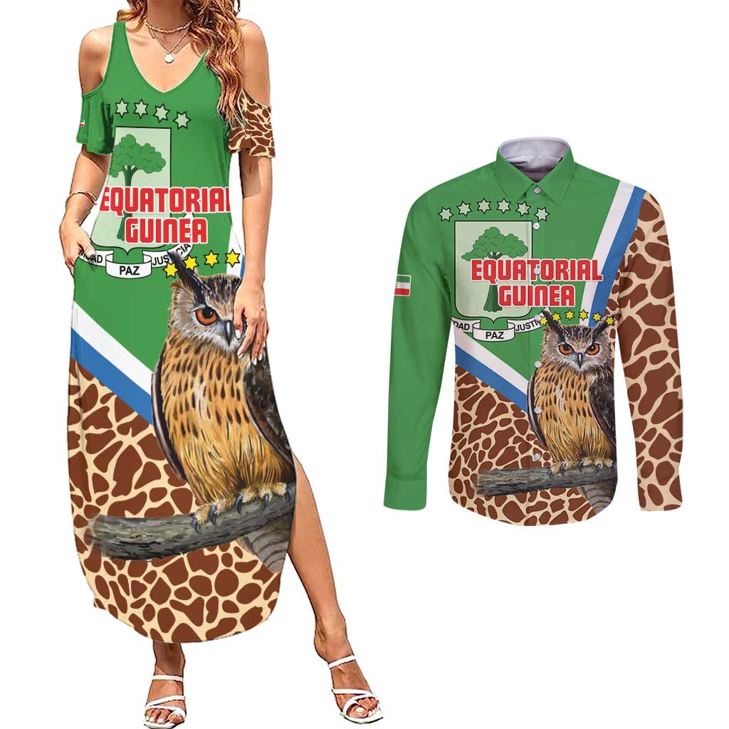 Personalised Equatorial Guinea Couples Matching Summer Maxi Dress and Long Sleeve Button Shirt Bubo Poensis Mix Giraffe Pattern