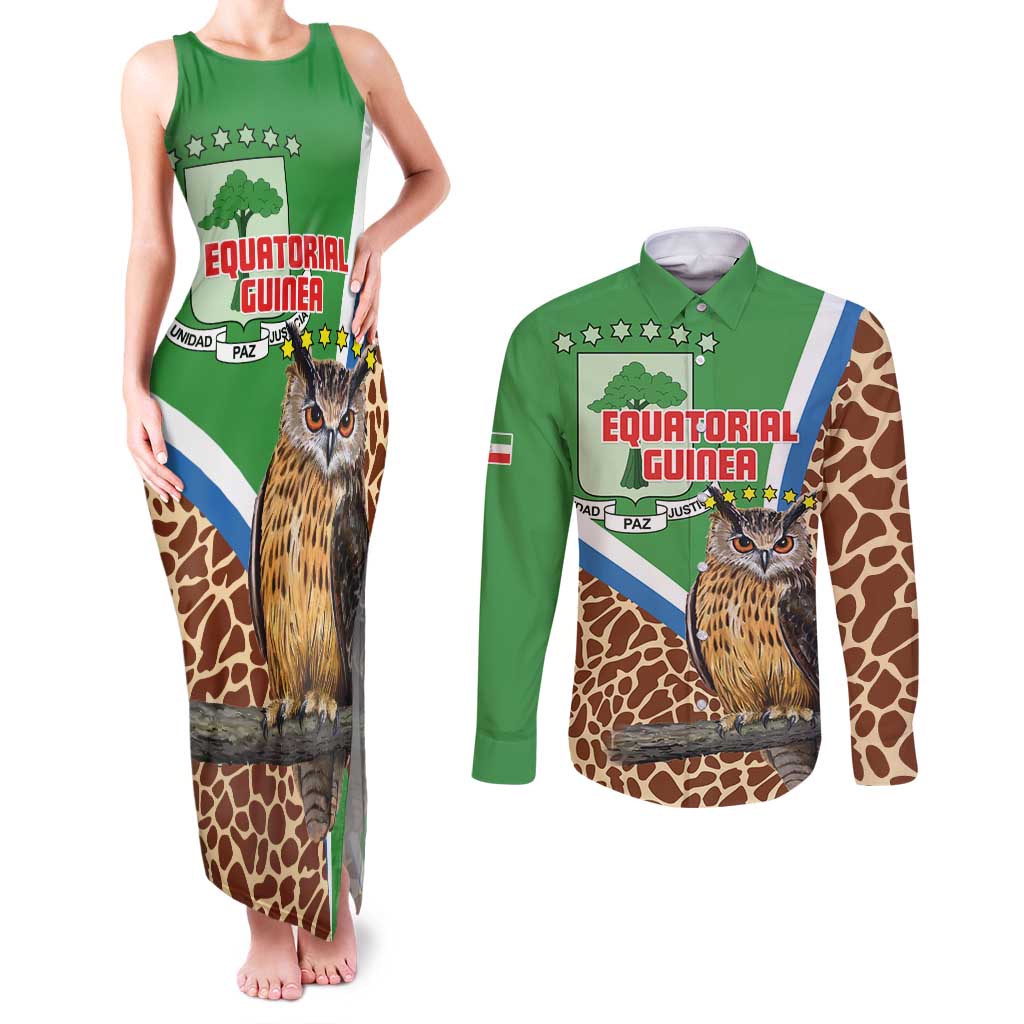 Personalised Equatorial Guinea Couples Matching Tank Maxi Dress and Long Sleeve Button Shirt Bubo Poensis Mix Giraffe Pattern