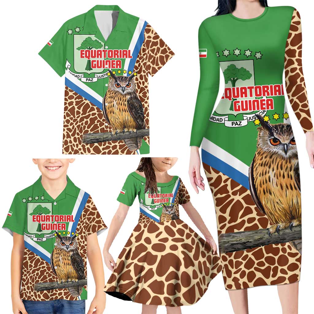 Personalised Equatorial Guinea Family Matching Long Sleeve Bodycon Dress and Hawaiian Shirt Bubo Poensis Mix Giraffe Pattern