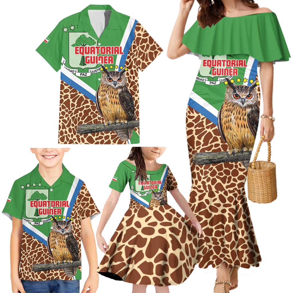 Personalised Equatorial Guinea Family Matching Mermaid Dress and Hawaiian Shirt Bubo Poensis Mix Giraffe Pattern