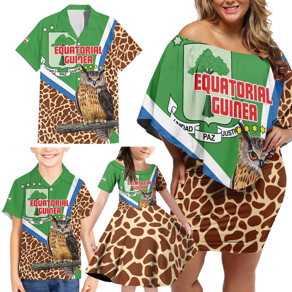 Personalised Equatorial Guinea Family Matching Off Shoulder Short Dress and Hawaiian Shirt Bubo Poensis Mix Giraffe Pattern